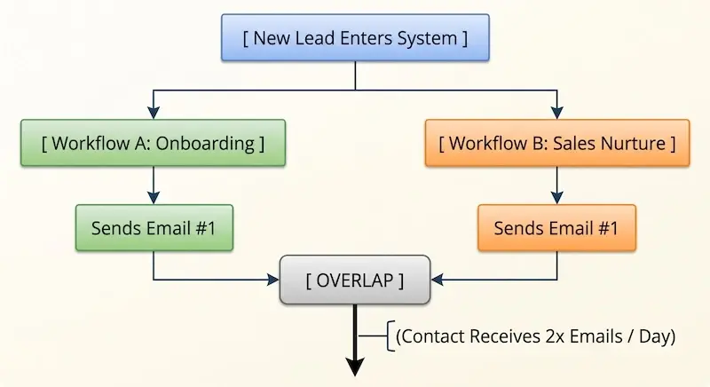 Diagrama de flujo que muestra la colisión de flujos de trabajo de correo electrónico, donde un nuevo cliente potencial recibe correos duplicados debido a la superposición de las reglas de automatización de onboarding y de nutrición de ventas.