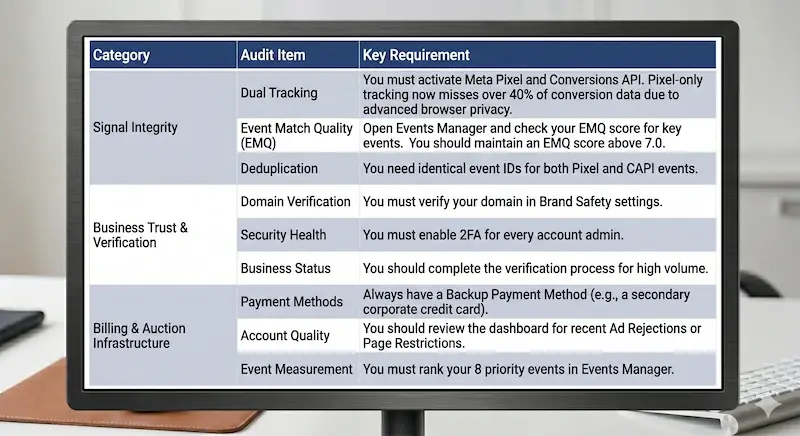 Lista de verificare tehnică pentru anunțurile Facebook care acoperă API-ul de conversii, verificarea afacerii și calitatea evenimentelor.