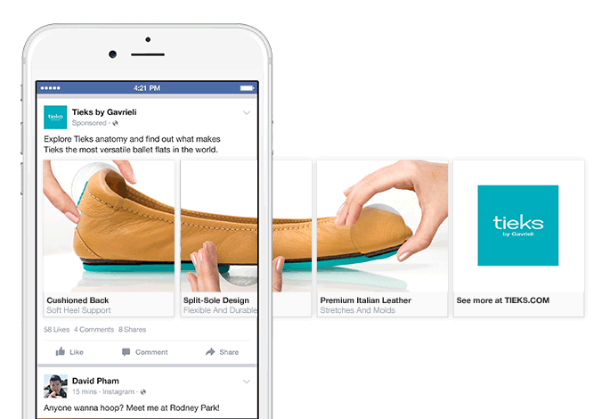 Animiertes Beispiel einer Facebook Karussell-Anzeige, die verschiedene Kleidungsstücke zeigt.