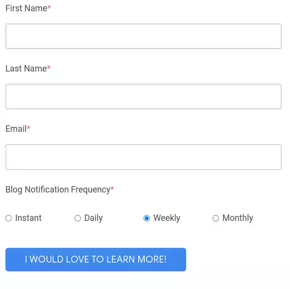 Exemple de formulaire de contact optimisé pour l'inscription à un blog, demandant le nom, l'email et la fréquence.