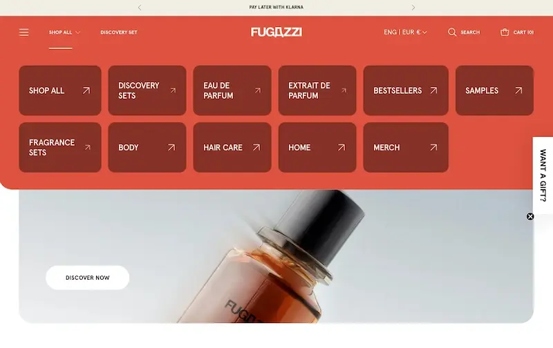 Screenshot der Fugazzi-Parfüm-Website mit minimalistischem Navigationsmenü