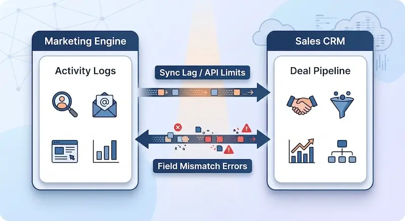 Diagrama que ilustra los retos de integración de sistemas y sincronización de datos entre un motor de automatización de marketing y un CRM de ventas, mostrando problemas como el retraso de la sincronización y los errores de campo.