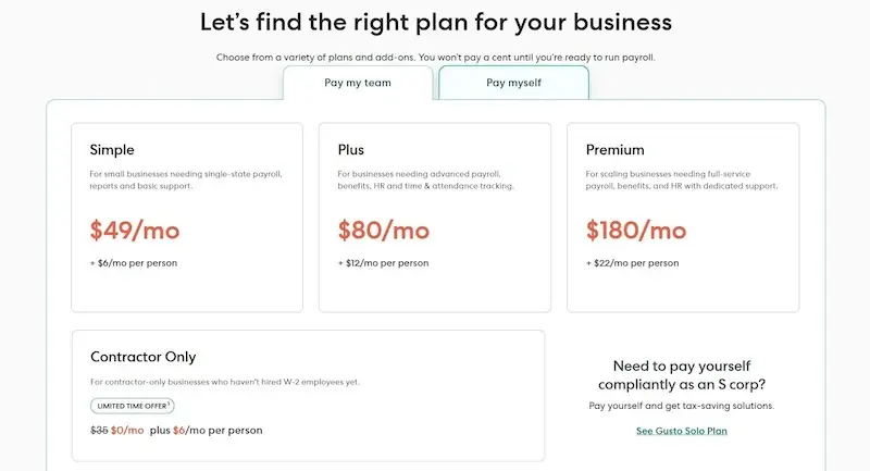 Tabella dei prezzi trasparente sul sito web di Gusto, che mostra i costi per dipendente per ogni piano.
