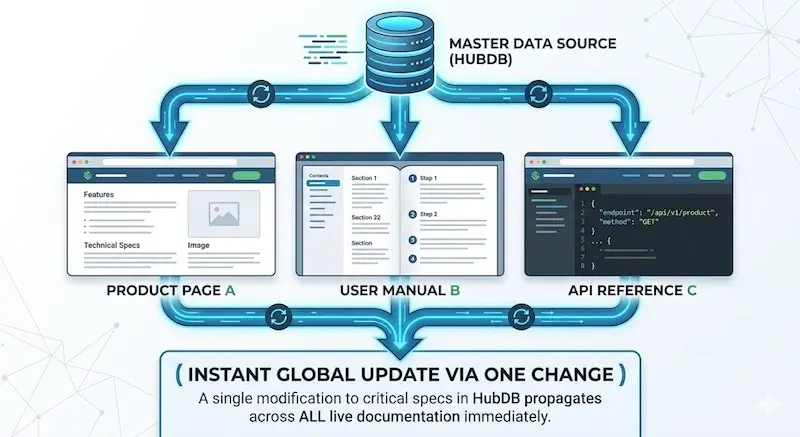 Diagramă de flux care arată cum o singură actualizare în HubDB se propagă automat pe mai multe pagini web, asigurând consistența datelor.