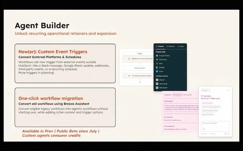 Benutzeroberfläche des HubSpot Agent Builders zum Erstellen eines benutzerdefinierten Agenten ohne Programmieraufwand.