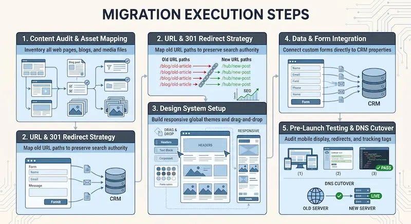 Infografic care ilustrează cei 5 pași critici ai migrării unui site web: audit de conținut, strategie de redirecționare, configurare design, integrare date și testare înainte de lansare.