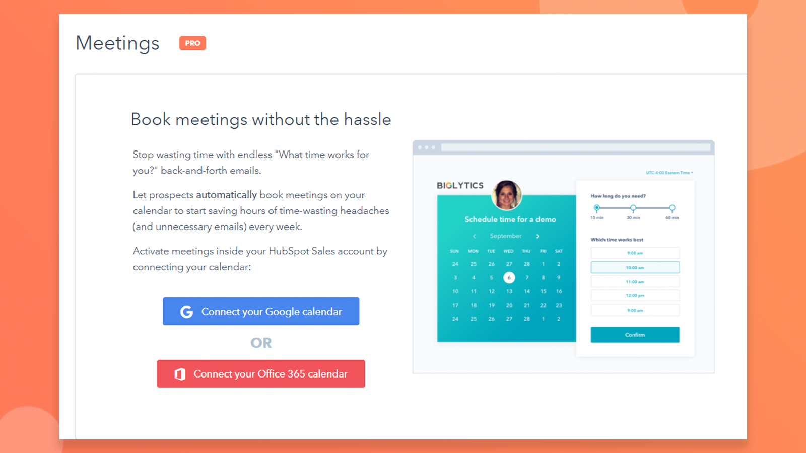 HubSpot 界面中显示的 Office 365 日历集成连接选项。