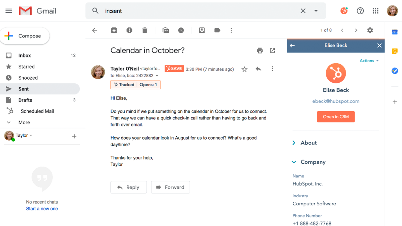 HubSpot 界面中显示的 Gmail 电子邮件集成连接选项。