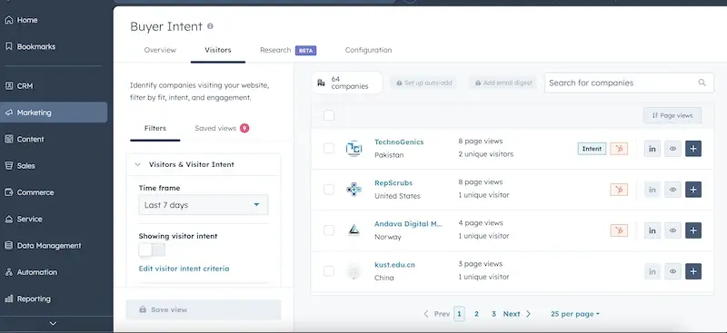 Capture d'écran de l'interface de configuration de l'intention de l'acheteur dans HubSpot.