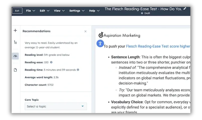 A screenshot of the HubSpot SEO Optimize tab showing the Reading Ease score and recommendations.