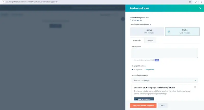 Auswahl zwischen einem aktiven (dynamischen) oder statischen HubSpot-Segment.