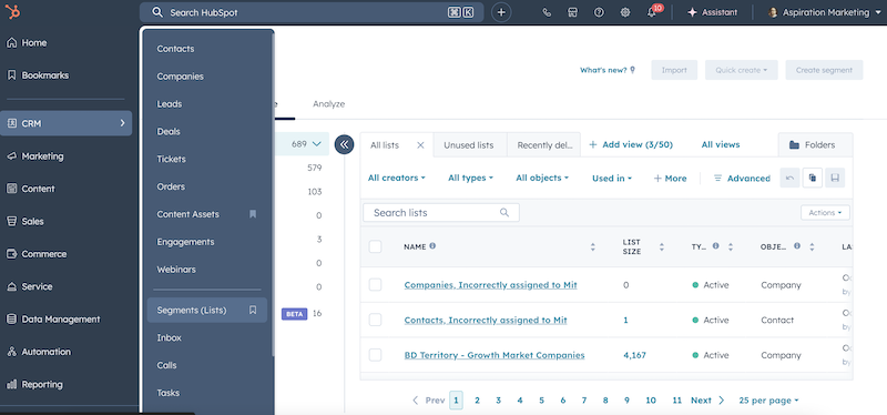 Navigation zu HubSpot-Segmenten über das CRM-Menü.