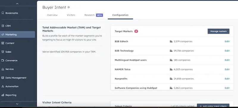 Captură de ecran a configurării piețelor țintă pentru cercetare în HubSpot.