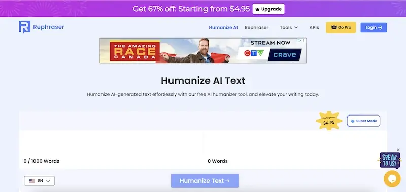 Interfaz de la herramienta Humanizador de Texto de Rephraser.co con texto antes y después de la humanización.