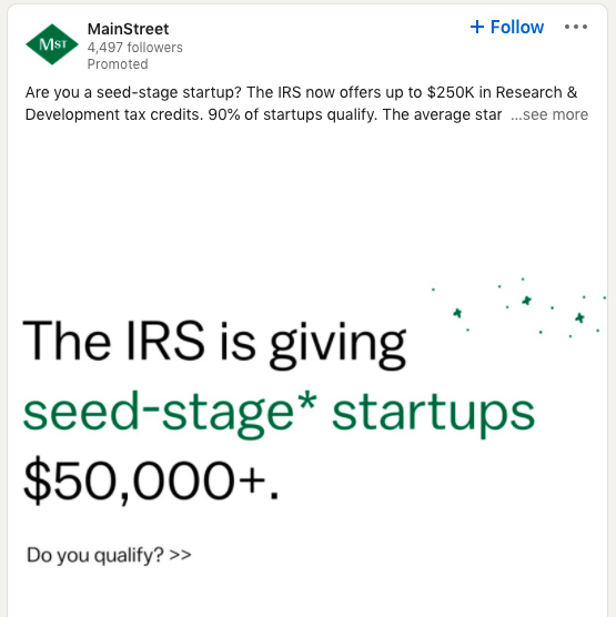 Esempio di contenuto sponsorizzato su LinkedIn che mostra un annuncio promosso nel feed