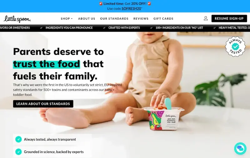 Screenshot der Little Spoon Homepage, die Vertrauenssignale wie 'über 500.000 Familien ernährt' zeigt