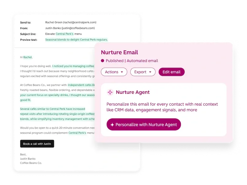 Aperçu de l'interface du Nurture Agent dans HubSpot, montrant la personnalisation des e-mails au moment de l'envoi.