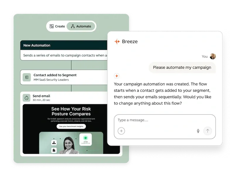 Interface d'automatisation dans HubSpot Marketing Studio 2.0, illustrant comment l'IA peut créer des campagnes.