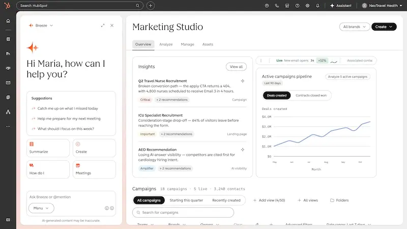 Vue d'ensemble de l'interface de HubSpot Marketing Studio 2.0, montrant les campagnes et les outils d'analyse.