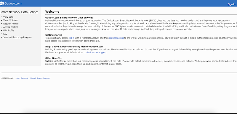 The login page for Microsoft Smart Network Data Services (SNDS) for monitoring reputation with Outlook.