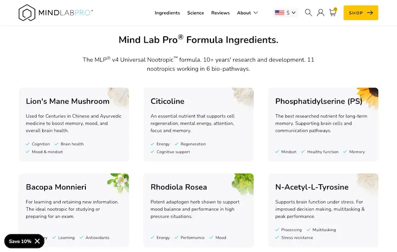 Screenshot der Mind Lab Pro Website, die Konsistenz in Design und wissenschaftlich untermauerten Botschaften zeigt