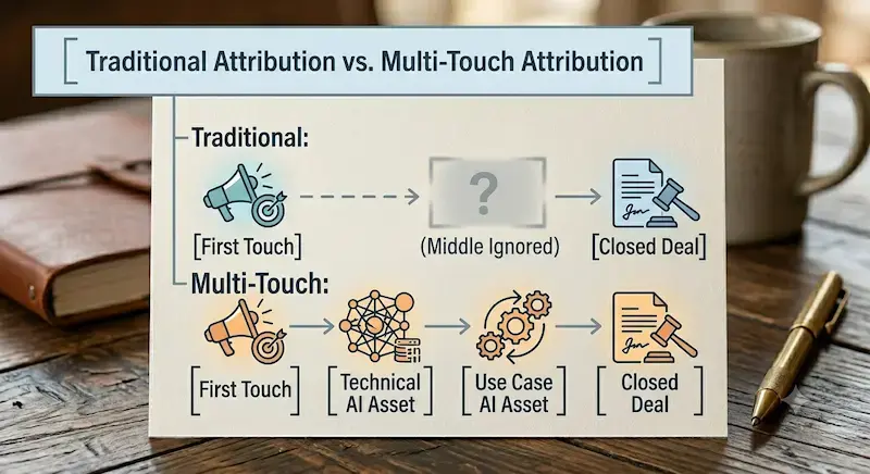 Un diagramme de comparaison intitulé « Attribution traditionnelle vs. Attribution multi-touch » affichant deux flux de travail linéaires. Le chemin « Traditionnel » montre une flèche allant du « Premier contact » à travers une boîte de point d'interrogation grisée « (Milieu ignoré) » directement à « Contrat conclu ». Le chemin « Multi-Touch » montre une séquence continue de flèches allant du « Premier contact » à « Ressource technique IA » à « Ressource de cas d'usage IA » et enfin à « Contrat conclu », illustrant comment les interactions de contenu en milieu d'entonnoir reçoivent une attribution appropriée.