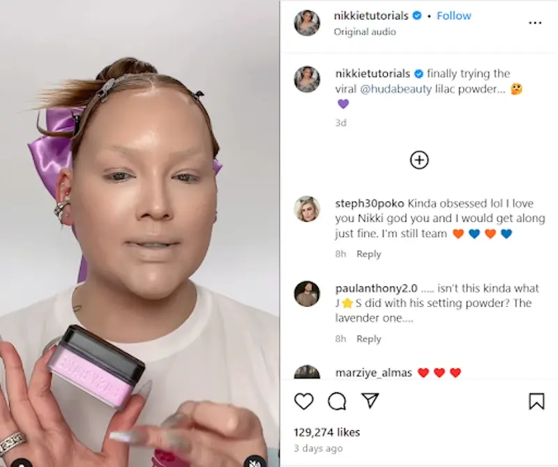 Captură de ecran a unei postări de pe Instagram de la NikkieTutorials, un exemplu de macro-influencer.