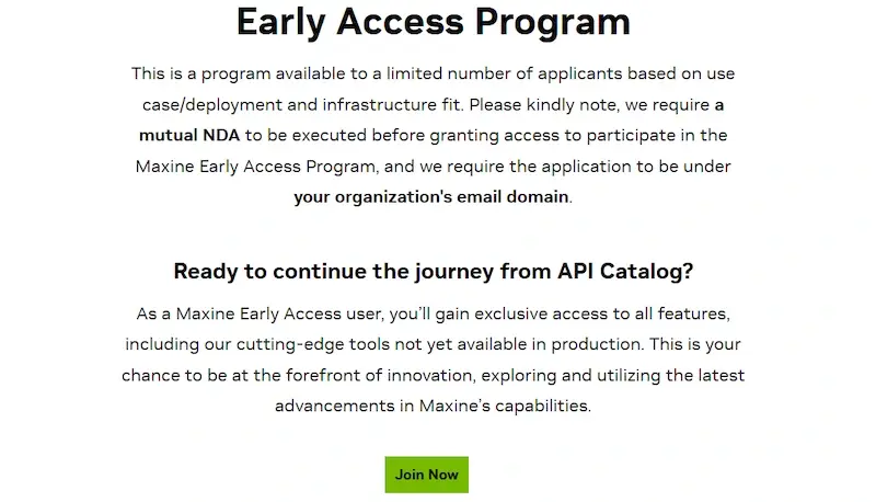 Page web du programme d'accès anticipé de Nvidia pour sa plateforme de développement Maxine, un exemple d'exclusivité B2B.