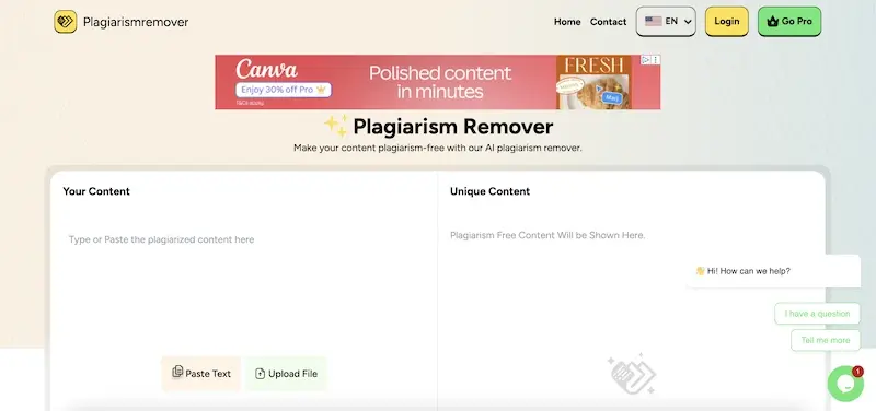 Herramienta PlagiarismRemover.co analizando un texto para detectar y eliminar plagio.