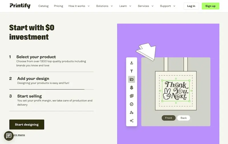 Screenshot der Printify-Homepage, die das Print-on-Demand-Angebot hervorhebt