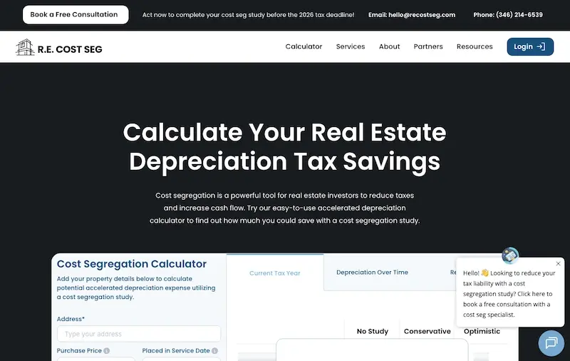 Screenshot des Immobilien-Abschreibungsrechners auf der RE Cost Seg-Webseite, der Benutzerfreundlichkeit und Professionalität zeigt.