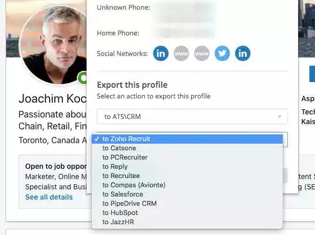 SignalHire 插件中将联系人数据导出到 CRM 的选项