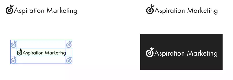 Exemples des différentes utilisations du logo Aspiration Marketing, y compris l'utilisation principale, positive et négative.