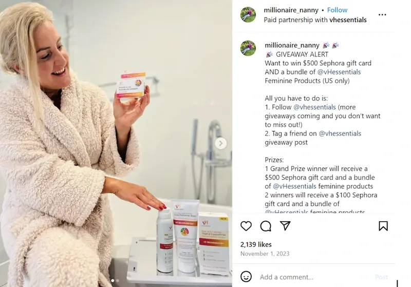 Campanie de marketing a VHessentials cu micro-influencerul Millionaire Nanny pe Instagram.