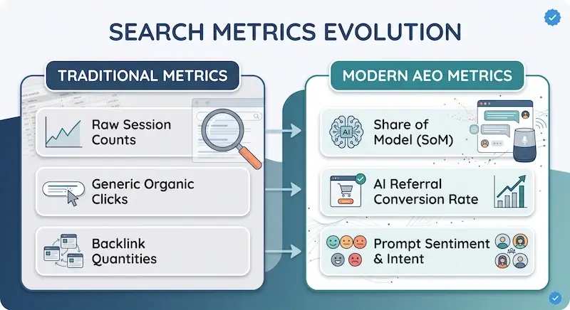 A side-by-side comparison diagram titled "Search Metrics Evolution" detailing the strategic transition from traditional organic search tracking to modern Answer Engine Optimization (AEO) performance tracking. The infographic features two main structural columns with directional progress arrows connecting corresponding metrics: Left Column: Traditional Metrics – Focuses on legacy search engine key performance indicators (KPIs), illustrated with standard analytics charts, web pages, and link icons: Raw Session Counts (volume-based website traffic monitoring). Generic Organic Clicks (traditional SERP link click-through rates). Backlink Quantities (raw inbound link building counts). Right Column: Modern AEO Metrics – Focuses on generative engine optimization (GEO) and AI search analytics, illustrated with AI brain nodes, conversational chat boxes, and sentiment indicator icons: Share of Model (SoM) (brand visibility and citation frequency across Large Language Models like ChatGPT, Perplexity, and Gemini). AI Referral Conversion Rate (tracking high-intent user conversions and pipeline velocity from conversational engines). Prompt Sentiment & Intent (evaluating brand positioning, context, and user sentiment within generated AI search answers).