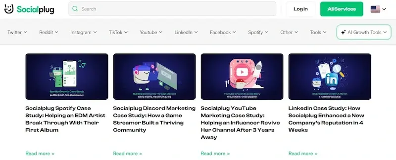 Screenshot della pagina blog di Social Plug che mostra i casi di studio dettagliati per aumentare la credibilità B2B.