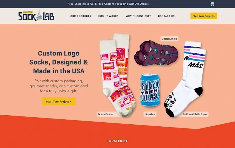 Screenshot der Homepage von Custom Sock Lab, die personalisierte Socken anbietet