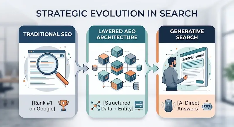 Diagram showing the strategic evolution from traditional SEO to modern Answer Engine Optimization (AEO) and Generative Engine Optimization (GEO).