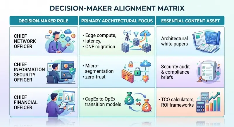 A matrix showing different telecom decision-makers, including the CFO, CNO, and Systems Administrator, and their unique content needs.