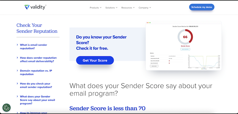 A screenshot of the Validity Sender Score checker tool showing an example score.