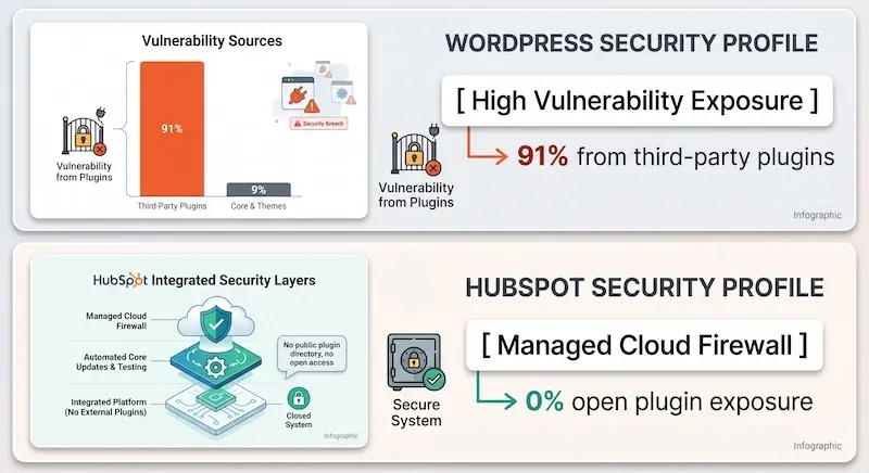 Infografic care compară securitatea WordPress, cu 91% vulnerabilități din pluginuri, cu profilul de securitate integrat al HubSpot, care are expunere zero la pluginuri.