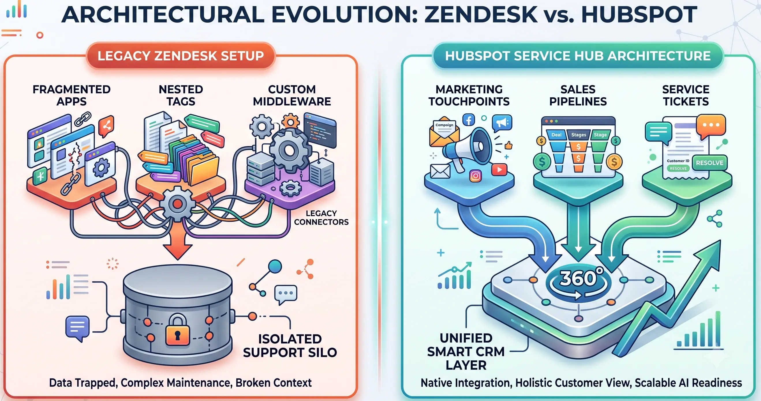 Infographie sur l'évolution architecturale comparant une configuration Zendesk héritée à une structure de base de données unifiée HubSpot Service Hub pour une stratégie de migration axée sur l'IA.