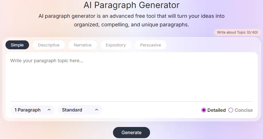 Interface utilisateur du site ParagraphGenerator.io, un exemple de générateur de paragraphes en ligne.