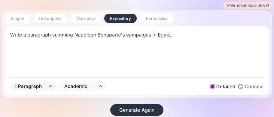 Exemple de configuration des paramètres dans un générateur de paragraphes pour une invite sur Napoléon.