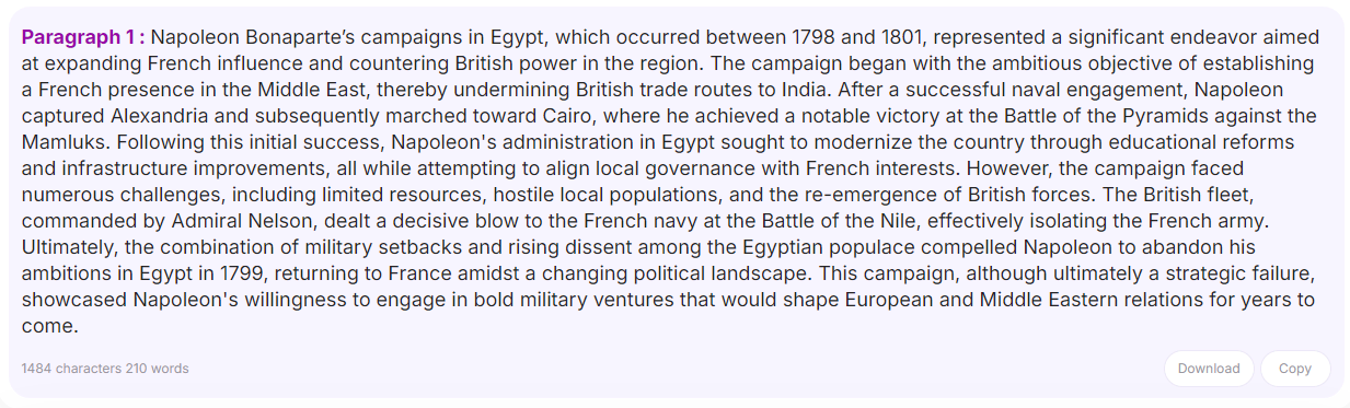 Exemple de texte généré par l'outil sur les campagnes de Napoléon en Égypte.