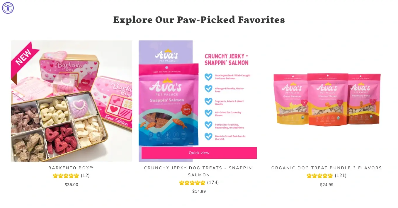 Screenshot der Webseite von Ava's Pet Palace, auf der Zertifizierungen von Drittanbietern als visuelle Vertrauenssignale angezeigt werden.