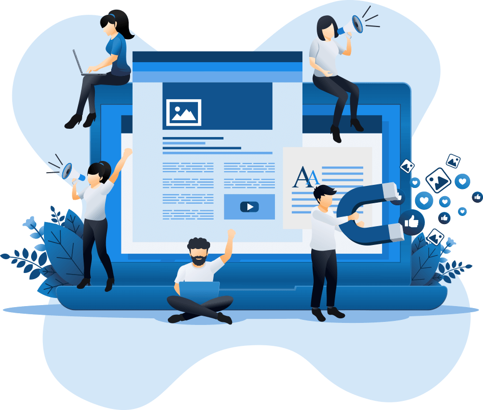 Ilustración de un equipo de ventas y marketing colaborando en una estrategia de marketing basado en cuentas (ABM).