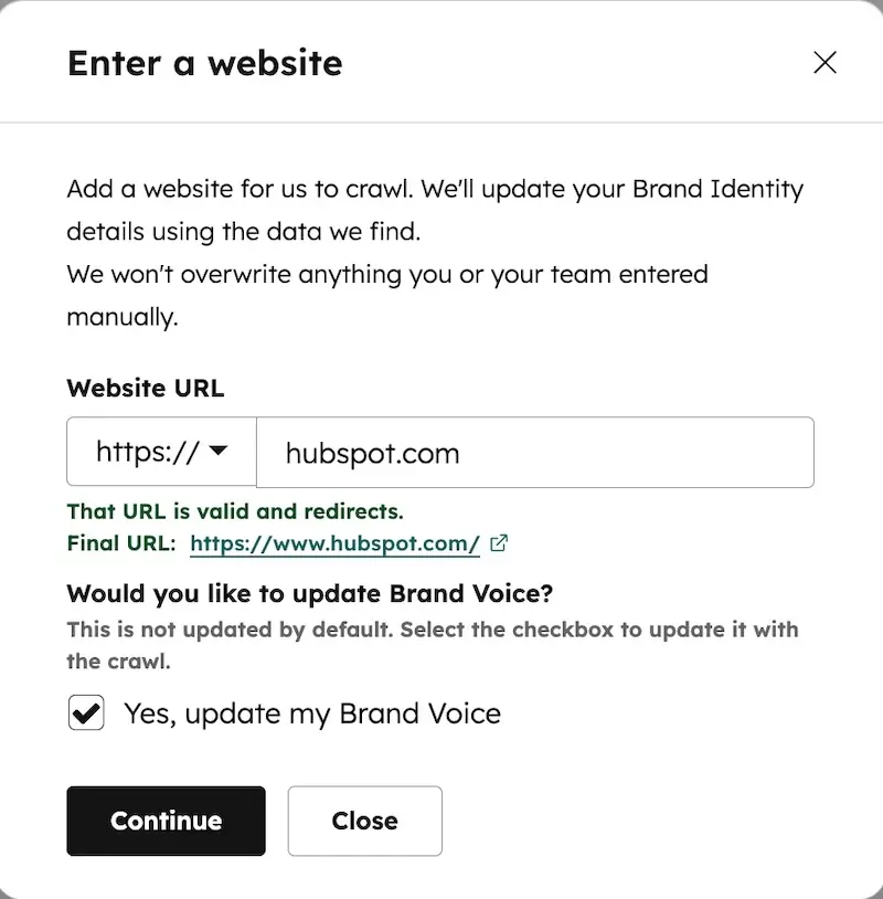 Einrichtungsassistent für die HubSpot-Markenidentität, der die Option zur CRAWL-Analyse einer Website anzeigt, um Markenrichtlinien zu extrahieren.