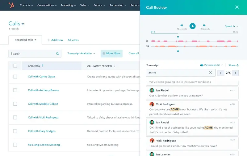 A hero image showing HubSpot's conversation intelligence feature dashboard.