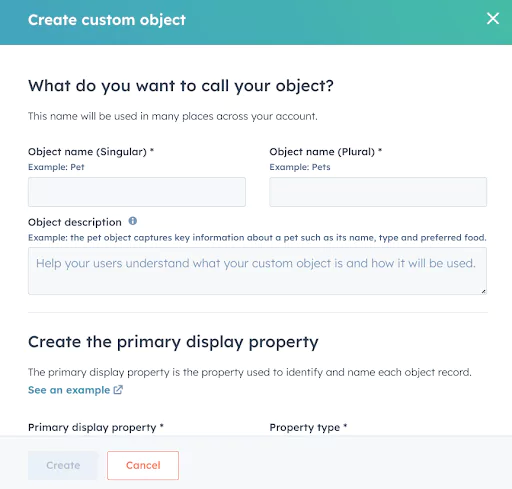 Screenshot of the HubSpot user interface for creating a new custom object, showing fields for singular and plural names.